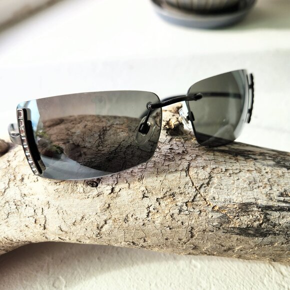 Y2K Vintage Narrow Slim Sunglasses Rectangular Black Frame with Crystals . - Picture 7 of 10